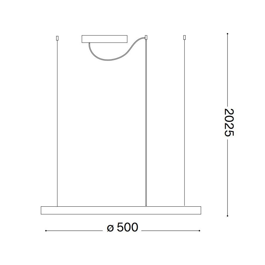 Závesné svietidlo visí zo stropu na troch kábloch. Má obdĺžnikový základ s priemerom 500 mm a výškou 2025 mm. Bočné káble držia vodorovný svetlený zdroj.