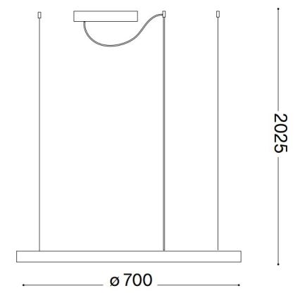 Technický výkres zobrazuje závesné svietidlo. Tri rovnobežné káble zavesia dlhú horizontálnu dosku. Z jednej z nich visí menšie obdĺžnikové svetlo. Rozmery: šírka 700 mm, výška 2025 mm.