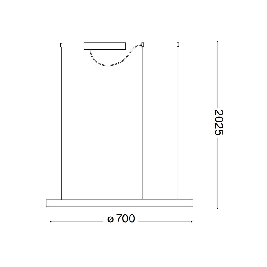 Technický výkres zobrazuje závesné svietidlo. Tri rovnobežné káble zavesia dlhú horizontálnu dosku. Z jednej z nich visí menšie obdĺžnikové svetlo. Rozmery: šírka 700 mm, výška 2025 mm.