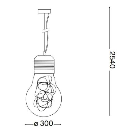 Závesné svietidlo v tvare žiarovky s chaoticky zamotanými drôtmi vo vnútri, visí zo stropu. Rozmery: priemer 300 mm, výška 2540 mm.