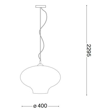 Závesné svietidlo s oválnym tienidlom o priemere 400 mm visí na 2295 mm dlhom kábli.