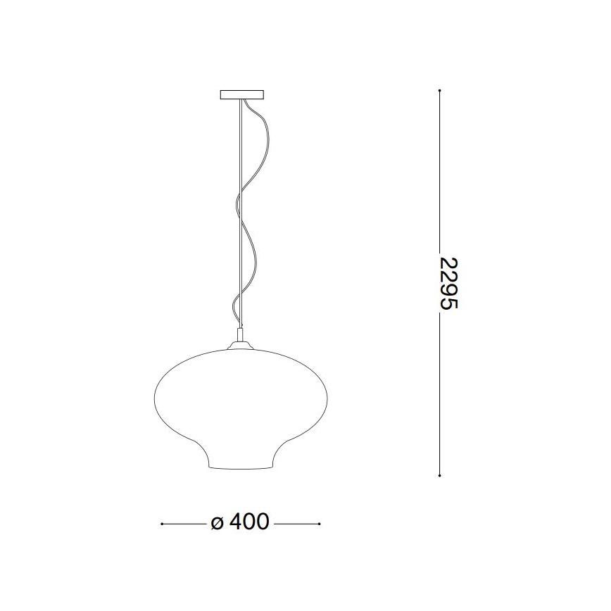 Závesné svietidlo s oválnym tienidlom o priemere 400 mm visí na 2295 mm dlhom kábli.