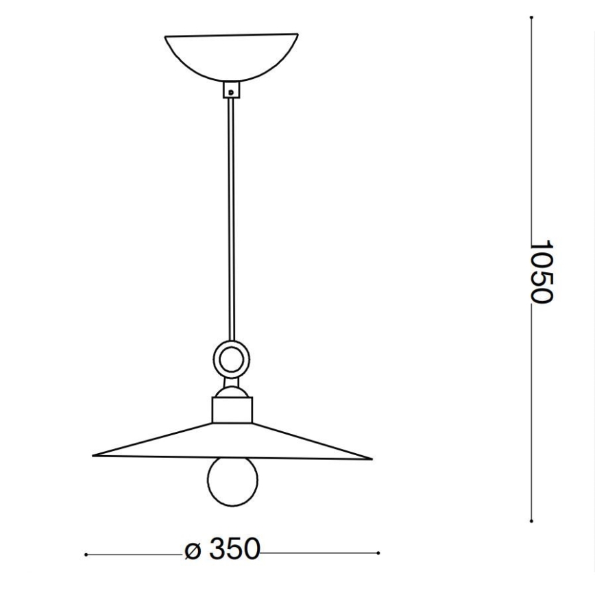 Závesné svietidlo visí zo stropu. Má plochý tienidlo s priemerom 350 mm a celková výška je 1050 mm. Svietidlo obsahuje žiarovku.
