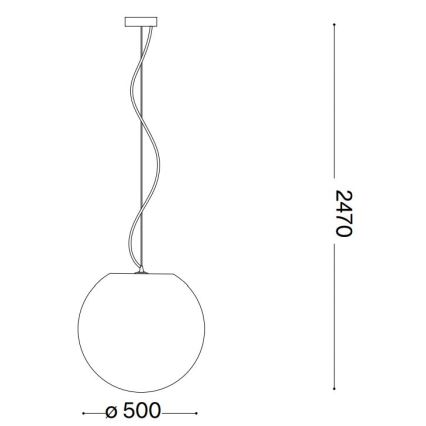 Svietidlo visí zo stropu na zvlnenom kábli. Guľové tienidlo má priemer 500 mm. Celková výška svietidla je 2470 mm.