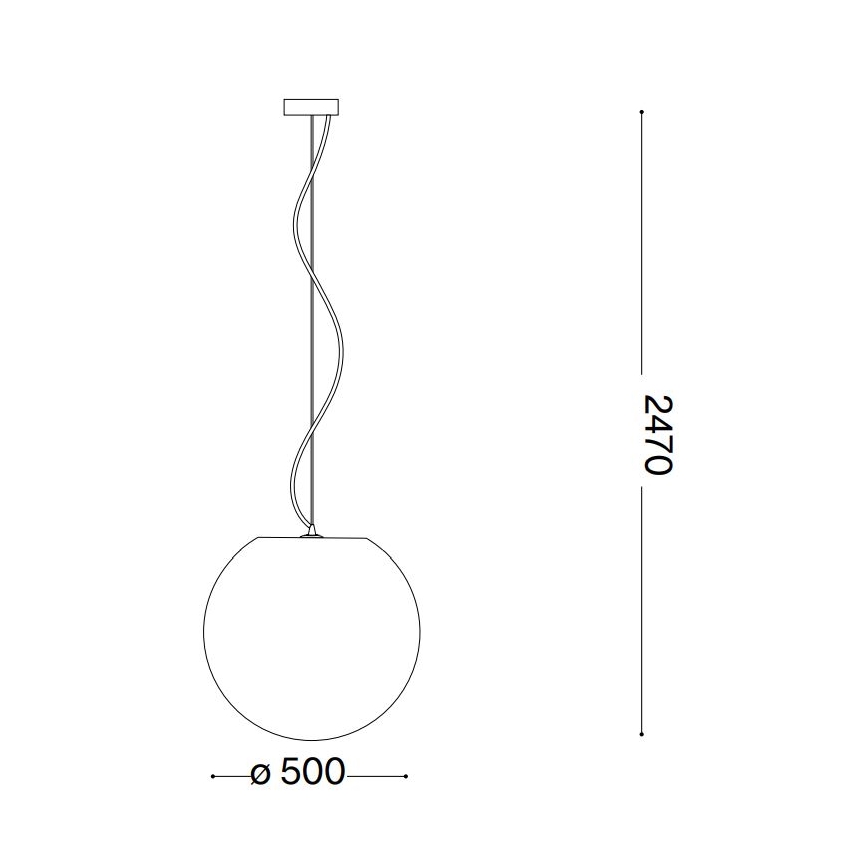 Svietidlo visí zo stropu na zvlnenom kábli. Guľové tienidlo má priemer 500 mm. Celková výška svietidla je 2470 mm.