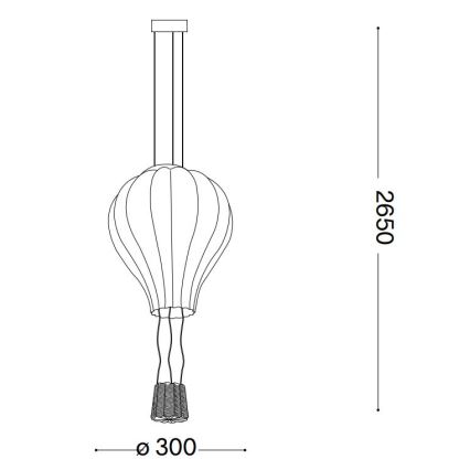 Závesné svietidlo v tvare balónu visí zo stropu. Svietidlo má okrúhly spodný diel s priemerom 300 mm a celková výška je 2650 mm.