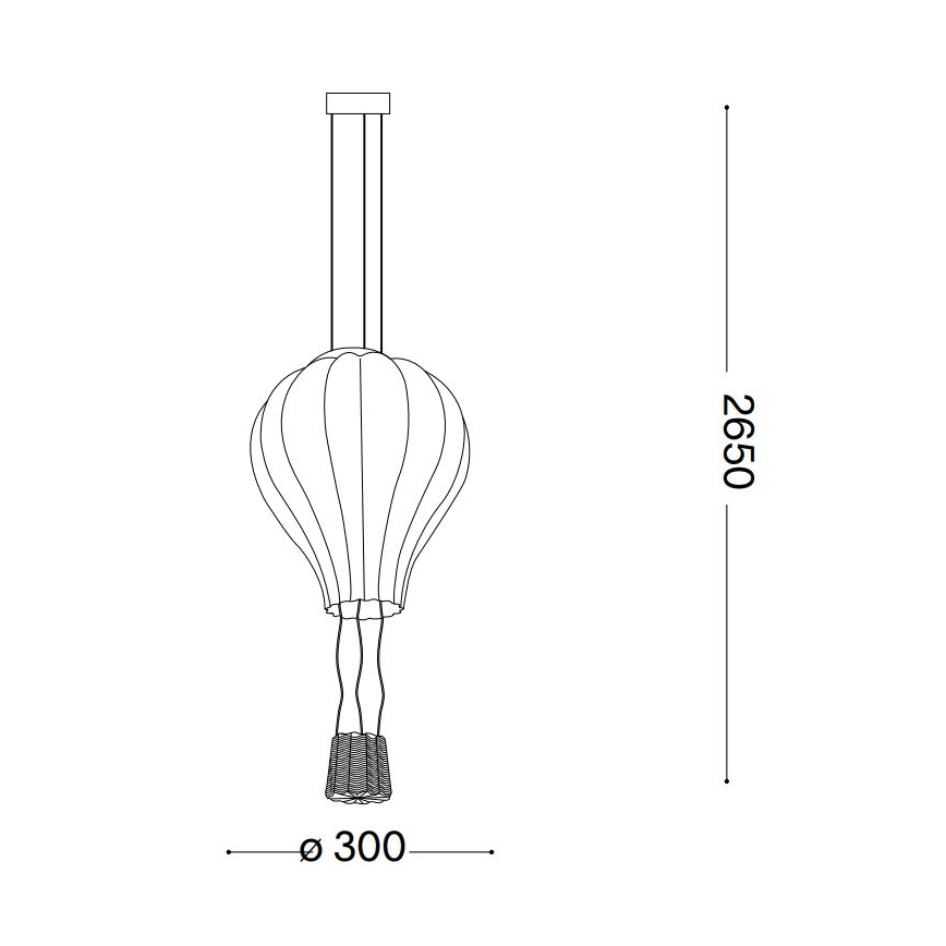 Závesné svietidlo v tvare balónu visí zo stropu. Svietidlo má okrúhly spodný diel s priemerom 300 mm a celková výška je 2650 mm.