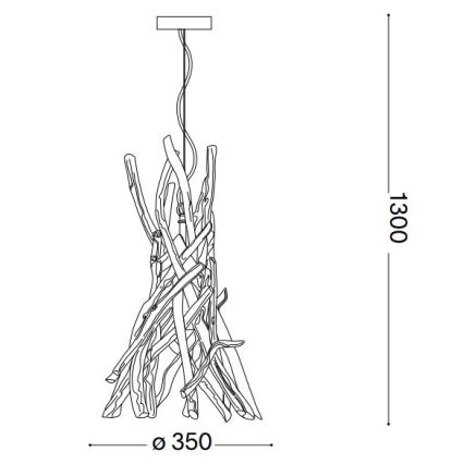 Závesné svietidlo z prepletených drevených konárov visí zo stropu. Priemer je 350 mm, výška 1300 mm.