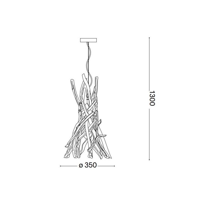 Závesné svietidlo z prepletených drevených konárov visí zo stropu. Priemer je 350 mm, výška 1300 mm.