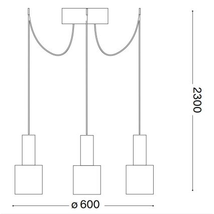 Trojramenné závesné svietidlo s rovnobežnými káblami, ktoré sa spájajú v hornej časti a smerujú ku štvorcovým tienidlám. Celková výška 2300 mm, šírka 600 mm.