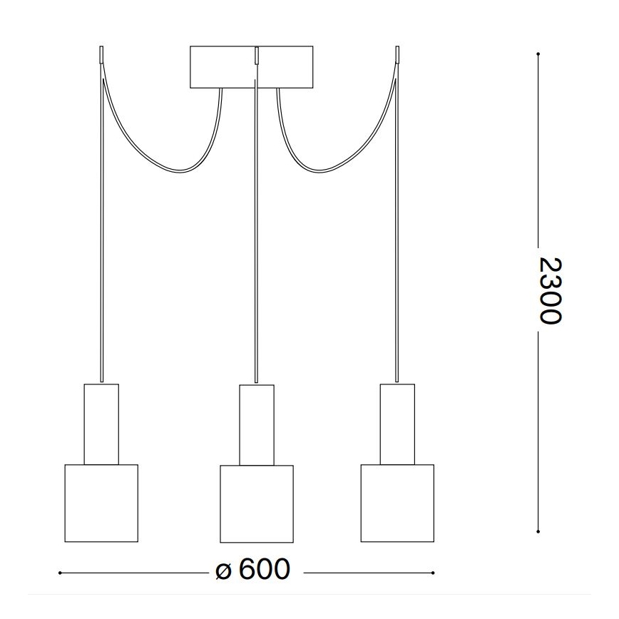 Trojramenné závesné svietidlo visí z obdĺžnikového stropného prvku na kábloch. Svietidlo má tri štvorcové tienidlá. Celková šírka je 600 mm a výška 2300 mm.
