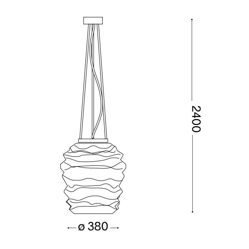 Závesné svietidlo s vlnitým skleneným tienidlom o priemere 380 mm visí na štyroch kábloch. Celková výška svietidla je 2400 mm.