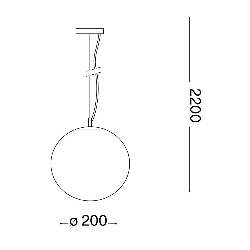 Guľové závesné svietidlo visí zo stropu na káble. Priemer svietidla je 200 mm, celková dĺžka 2200 mm.