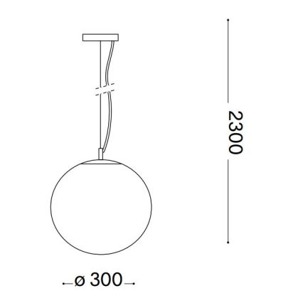 Závesné svietidlo s guľovou tienidlom s priemerom 300 mm visí z stropu na káble dlhom 2300 mm.