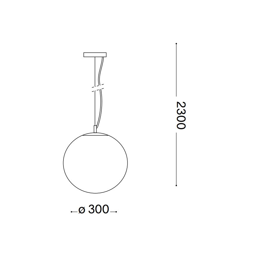 Závesné svietidlo s guľovou tienidlom s priemerom 300 mm visí z stropu na káble dlhom 2300 mm.