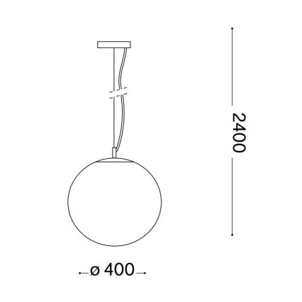 Závesné svietidlo s guľovým tienidlom s priemerom 400 mm visí na káble s dĺžkou 2400 mm. Schematický nákres ukazuje rozmery.