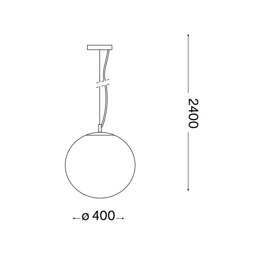Závesné svietidlo s guľovým tienidlom s priemerom 400 mm visí na káble s dĺžkou 2400 mm. Schematický nákres ukazuje rozmery.