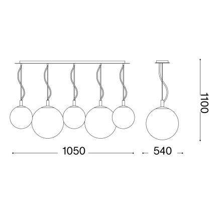 Technický výkres päťramenného závesného svietidla s guľovými tienidlami. Tienidlá sú zavesené na krivolakých kábloch z rovnej tyče. Rozmery: šírka 1050 mm, výška 1100 mm, priemer jednej lampy 540 mm.