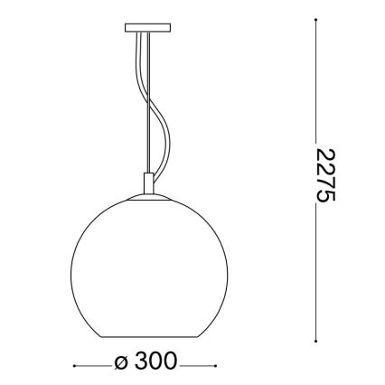 Závesné svietidlo s guľovým tienidlom visí na šnúre. Priemer tienidla je 300 mm, celková výška svietidla je 2275 mm.