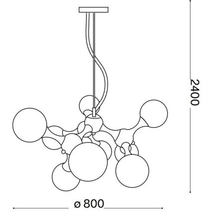 Závesné svietidlo s viacerými guľovými tienidlami visí zo stropu. Tienidlá sú spojené ozdobnými prvkami do asymetrického tvaru. Rozmery: priemer 800 mm, výška 2400 mm.
