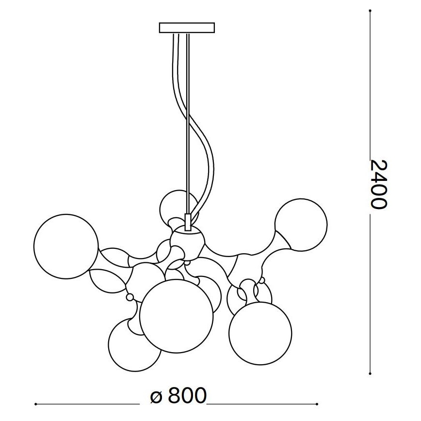 Závesné svietidlo s viacerými guľovými tienidlami visí zo stropu. Tienidlá sú spojené ozdobnými prvkami do asymetrického tvaru. Rozmery: priemer 800 mm, výška 2400 mm.