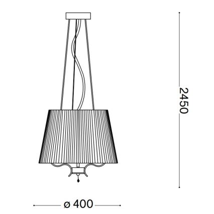 Závesné svietidlo s textilným tienidlom visí zo stropu. Tienidlo je valcovitého tvaru so zvislými záhybmi, priemer 400 mm, celková výška 2450 mm.