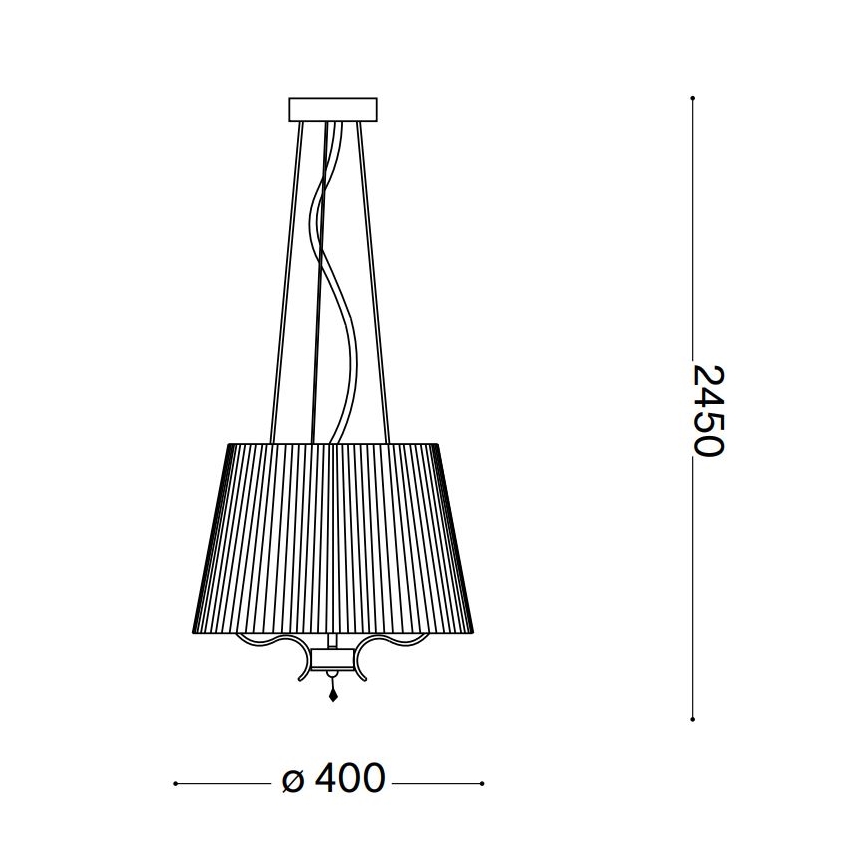 Závesné svietidlo s textilným tienidlom visí zo stropu. Tienidlo je valcovitého tvaru so zvislými záhybmi, priemer 400 mm, celková výška 2450 mm.
