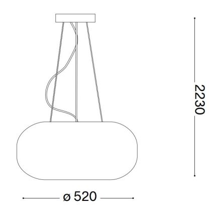 Závesné svietidlo s oválnym tienidlom visí z trojramenného držiaka. Rozmery: výška 2230 mm, šírka 520 mm.