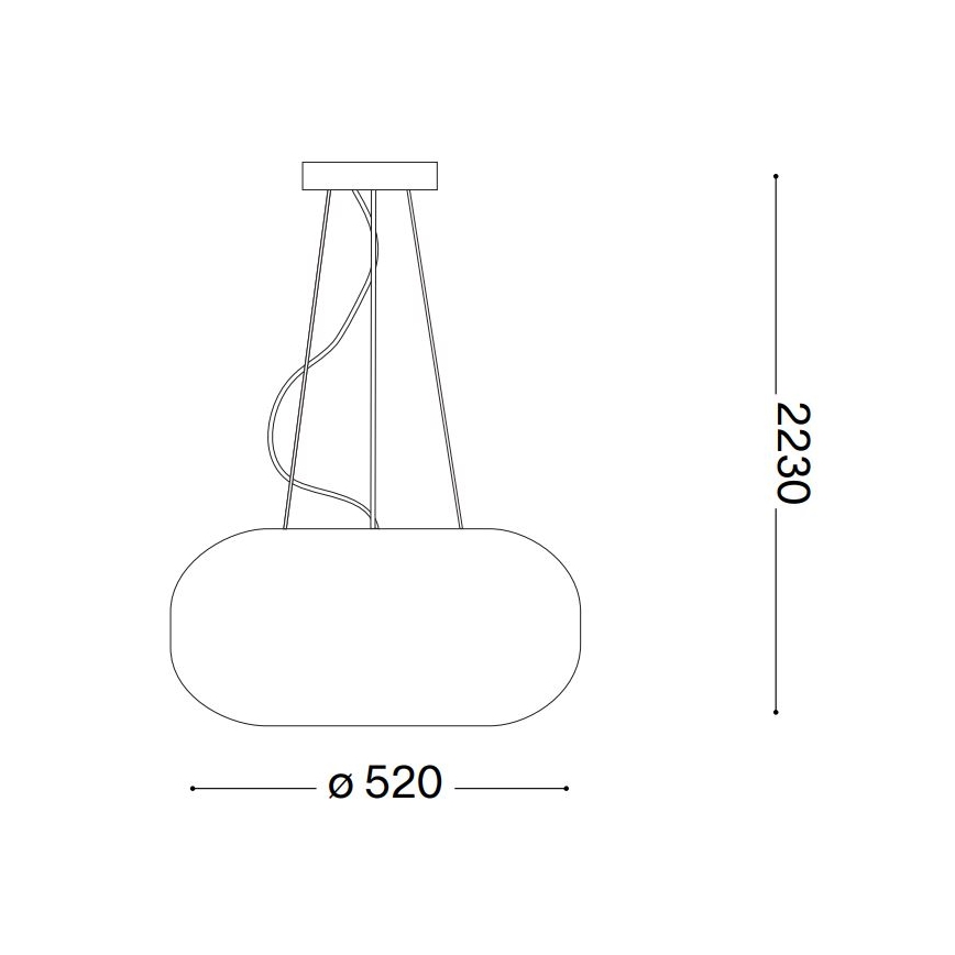 Závesné svietidlo s oválnym tienidlom visí z trojramenného držiaka. Rozmery: výška 2230 mm, šírka 520 mm.