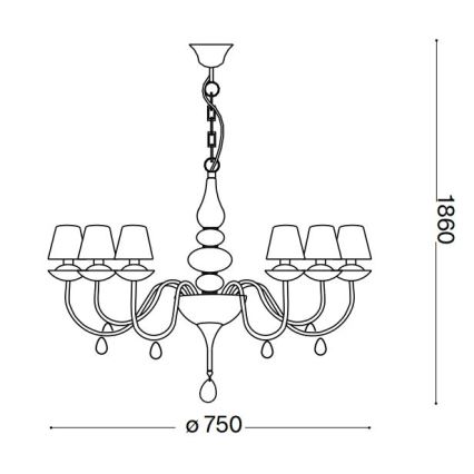 Lustr visí zo stropu, má osem tienidiel a ozdobné prvky. Rozmery: priemer 750 mm, výška 1860 mm.