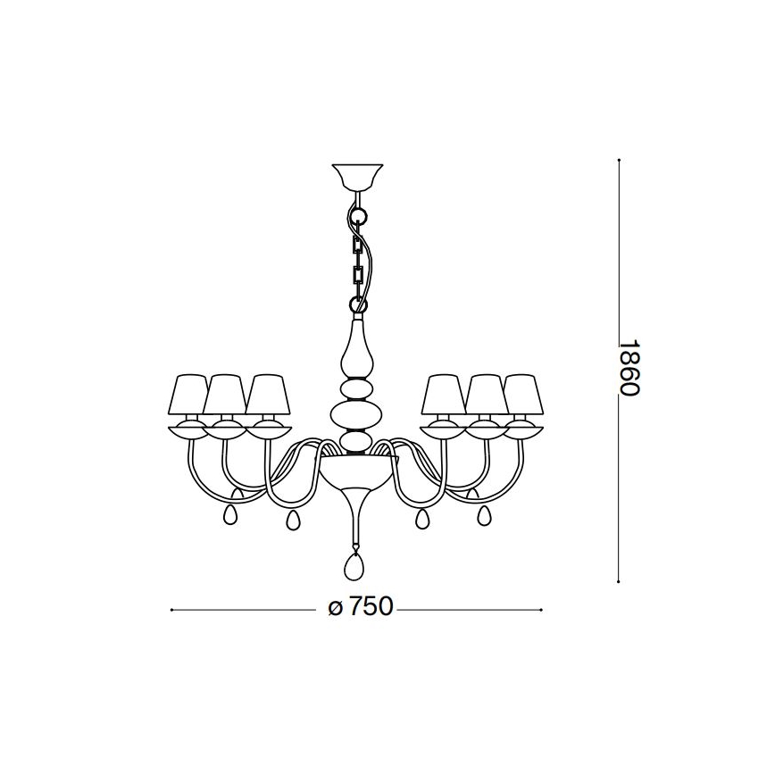 Lustr visí zo stropu, má osem tienidiel a ozdobné prvky. Rozmery: priemer 750 mm, výška 1860 mm.