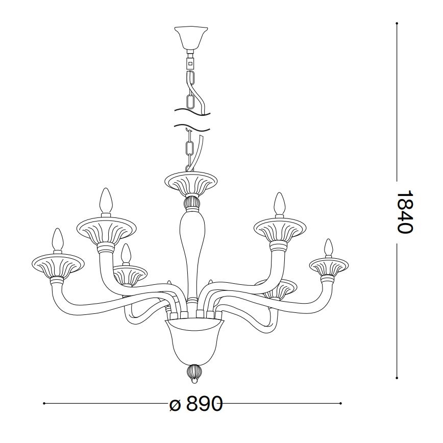Technický výkres päťramenného lusteru s ozdobnými detailmi. Luster visí zo stropu. Rozmery: priemer 890 mm, výška 1840 mm.