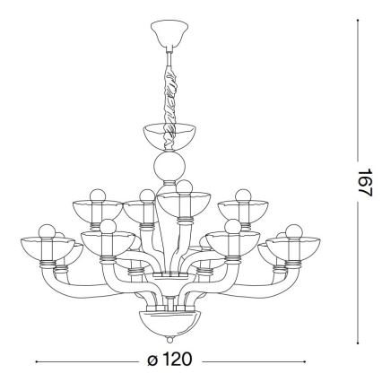 Luster s dvanástimi ramenami a žiarovkami visí zo stropu. Má tvar kaskády misiek a guličiek. Rozmery: priemer 120 cm, výška 167 cm.
