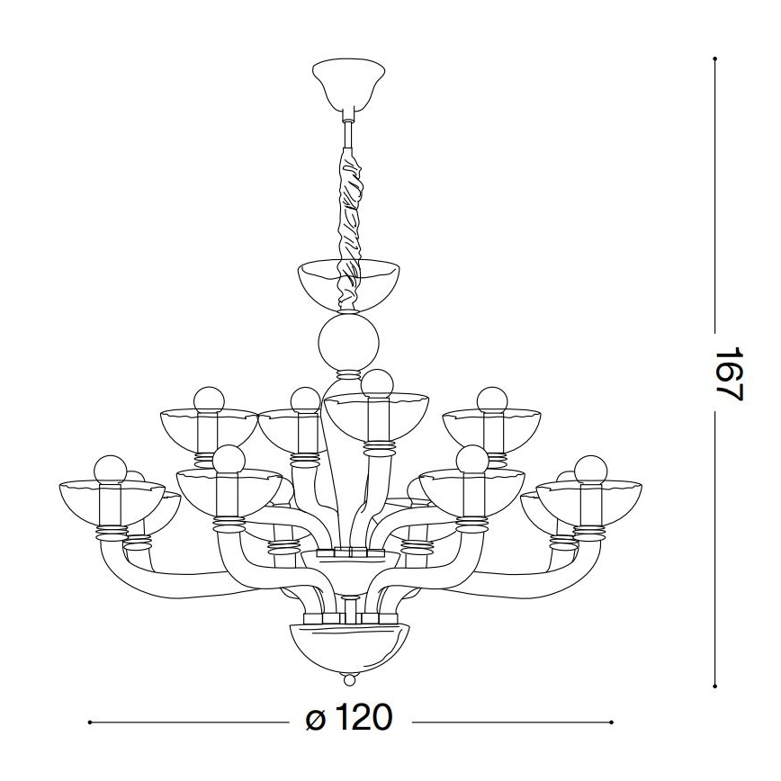 Luster s dvanástimi ramenami a žiarovkami visí zo stropu. Má tvar kaskády misiek a guličiek. Rozmery: priemer 120 cm, výška 167 cm.