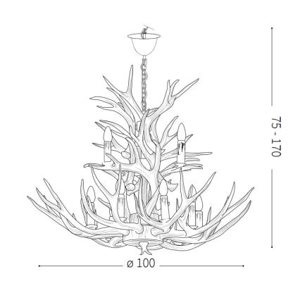 Luster z parožia osvetľuje priestor. Je zhotovený z rozvetvených parohov, na ktorých sú umiestnené sviečky. Rozmery: priemer 100 cm, výška 75-170 cm.