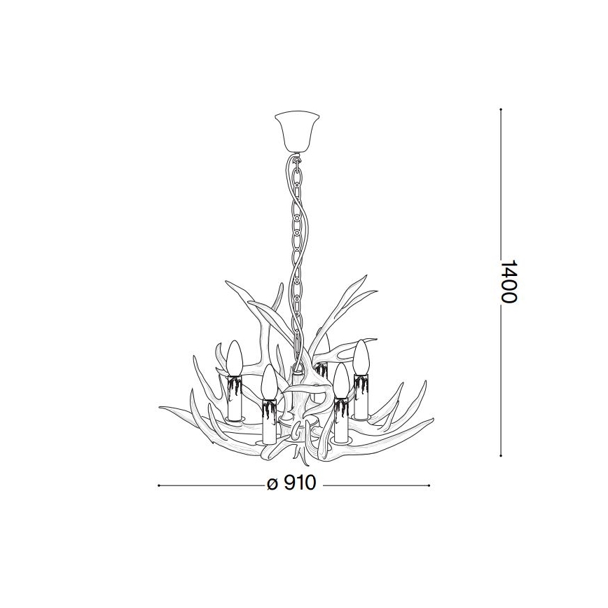 Lampa tvarom pripomínajúca jelenie parohy visí zo stropu na reťazi. Má päť svetelných zdrojov. Rozmery: priemer 910 mm, výška 1400 mm.
