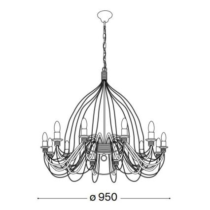 Dvanásťramenný luster visí zo stropu. Luster má zakrivené ramená s objímkami na žiarovky. Priemer lustru je 950 mm.