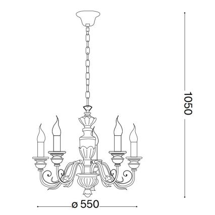 Päťramenný luster visí na reťazi. Má ozdobné prvky a svietniky v tvare plameňa. Rozmery: priemer 550 mm, výška 1050 mm.