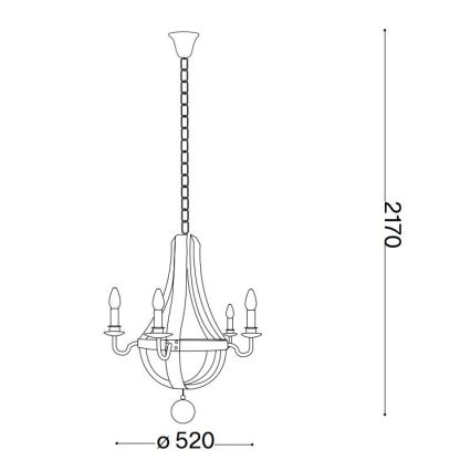 Lustr visí zo stropu na reťazi, má štyri sviečky a košikový tvar. Priemer je 520 mm, celková výška 2170 mm.