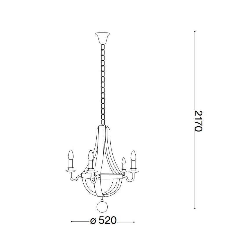 Lustr visí zo stropu na reťazi, má štyri sviečky a košikový tvar. Priemer je 520 mm, celková výška 2170 mm.