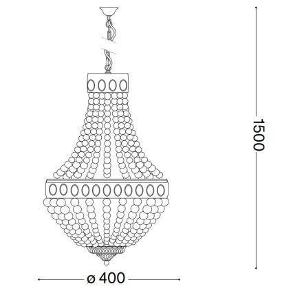 Lampa visí zo stropu. Je zložená z mnohých guľôčok usporiadaných do tvaru zvonu. Má priemer 400 mm a výšku 1500 mm.