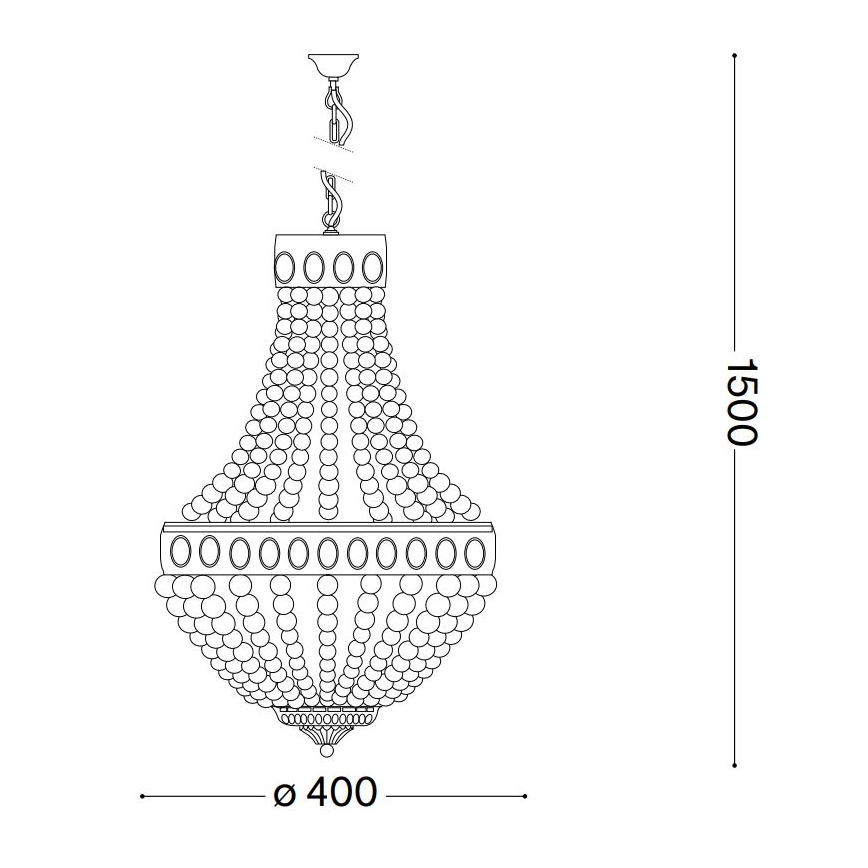 Lampa visí zo stropu. Je zložená z mnohých guľôčok usporiadaných do tvaru zvonu. Má priemer 400 mm a výšku 1500 mm.