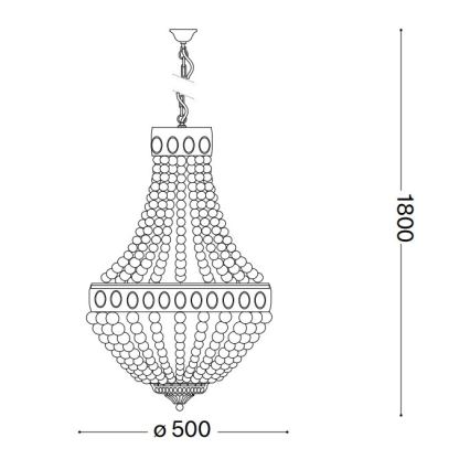 Lampa visí zo stropu. Je tvorená perličkami, usporiadanými do tvaru zvonu. Má priemer 500 mm a výšku 1800 mm.