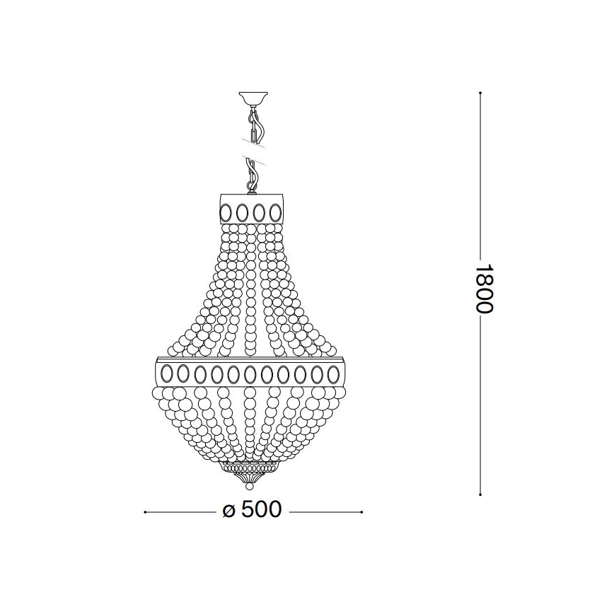 Lampa visí zo stropu. Je tvorená perličkami, usporiadanými do tvaru zvonu. Má priemer 500 mm a výšku 1800 mm.
