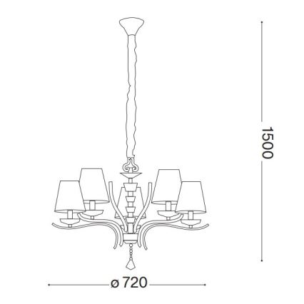 Luster s piatimi tienidlami visí zo stropu. Má ozdobnú stredovú časť a rozmery ø 720 x 1500 mm.