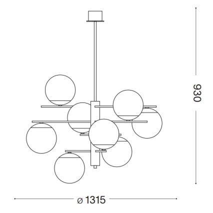 Závesné svietidlo s viacerými guľovými sklenenými tienidlami rozmiestnenými na vodorovných ramenách, zavesené zo stropu na centrálnej tyči. Výška 930 mm, priemer 1315 mm.