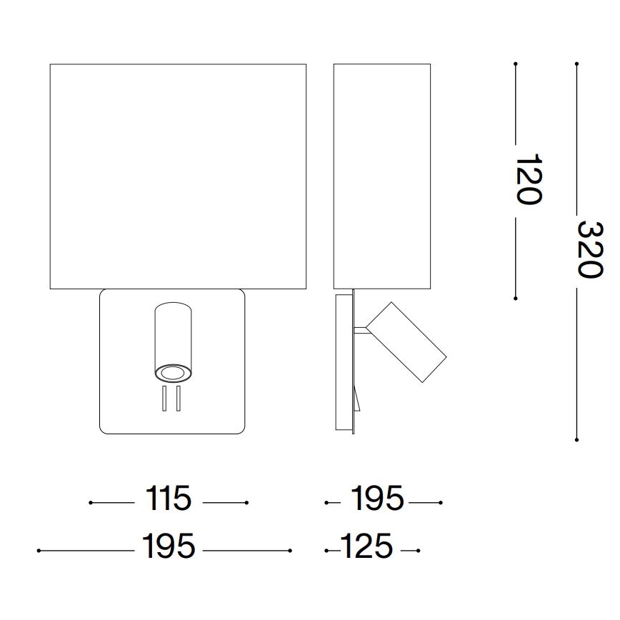 Nástená lampa s otočným reflektorom. Rozmery: výška 320 mm, šírka 120 mm, základňa 195x125 mm. Rozmery tienidla: 195x115 mm.