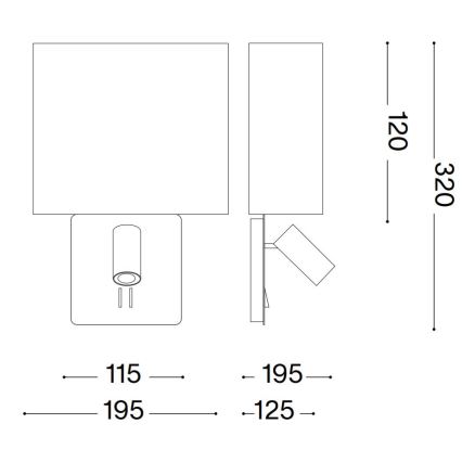 Nástená lampa s otočnou hlavicou. Rozmery: 115 x 195 x 195 mm (predná časť), 195 x 125 x 320 mm (celková).