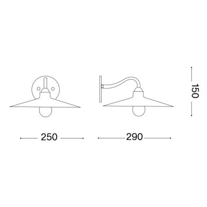 Nástená lampa s plochým tienidlom sa montuje na stenu. Má dve varianty montáže. Šírka: 250 mm, resp. 290 mm. Výška: 150 mm.
