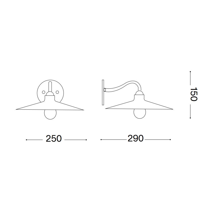 Nástená lampa s plochým tienidlom sa montuje na stenu. Má dve varianty montáže. Šírka: 250 mm, resp. 290 mm. Výška: 150 mm.